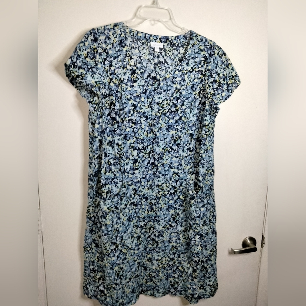 J. Jill (Size L Tall) Multicolored Floral 100% Linen V-Neck SS Slip Pocket Dress